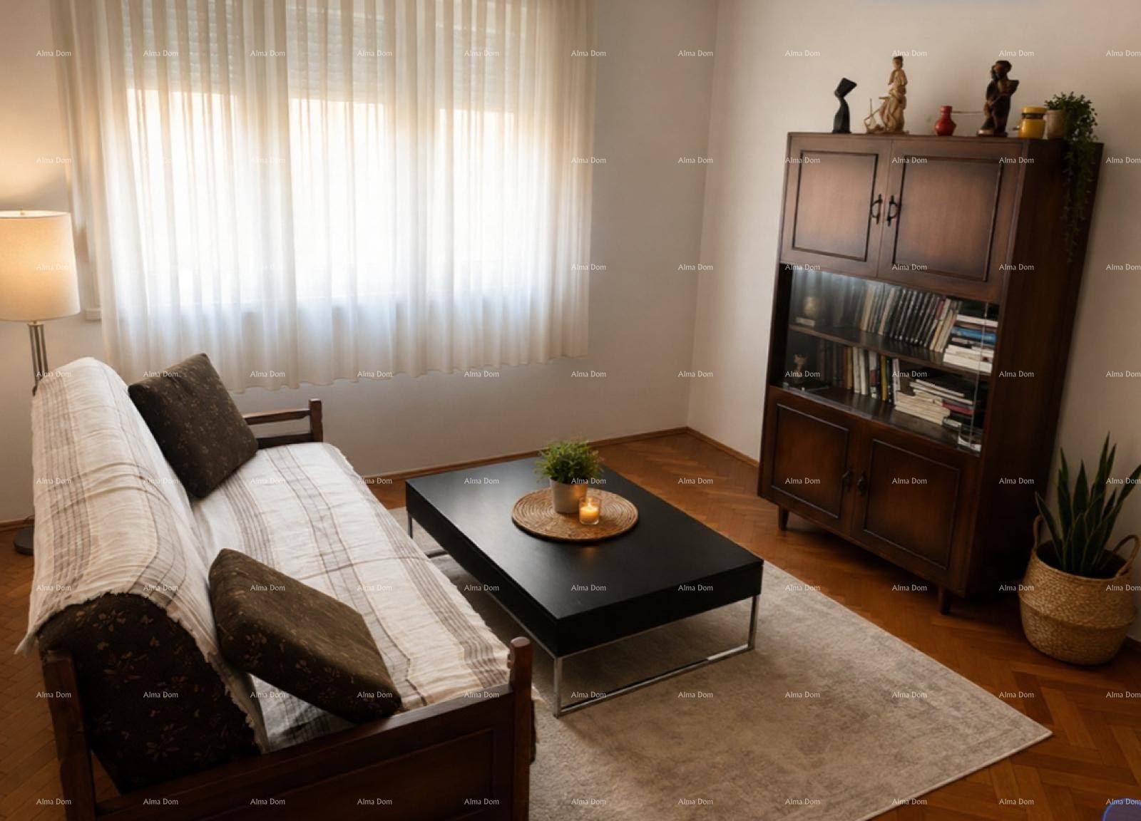 Gemütliches Wohnzimmer mit Schlafsofa, Holzboden und großem Fenster mit Vorhängen.