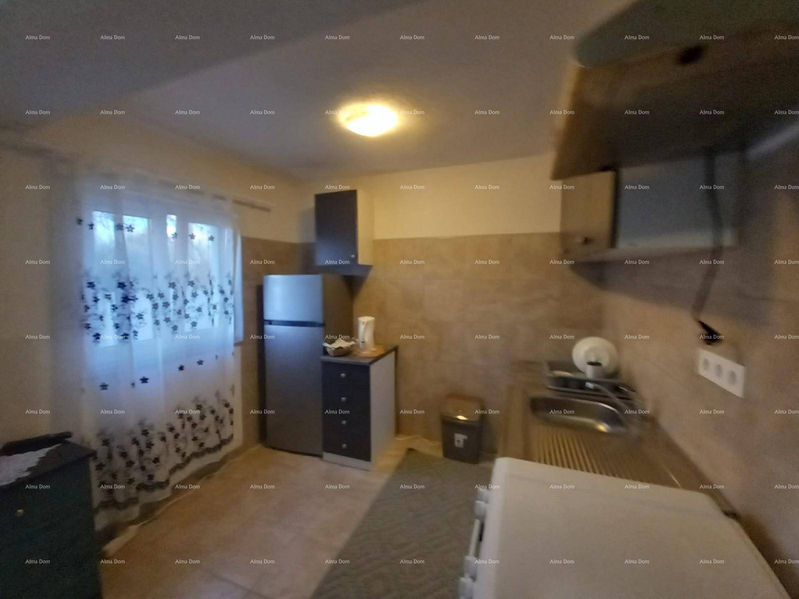 Einfache Küche mit Kühlschrank, Spüle und Dunstabzugshaube, beleuchtet durch ein Fenster.
