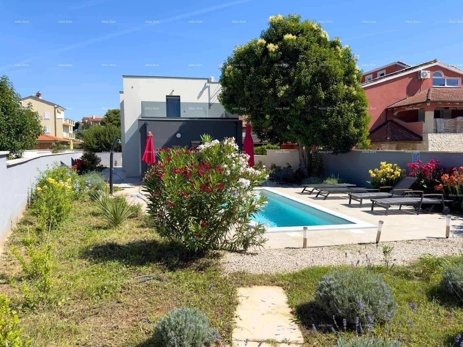 Gepflegter Gartenbereich mit Rasen, mediterranen Pflanzen und einem erfrischenden Pool im Hintergrund.