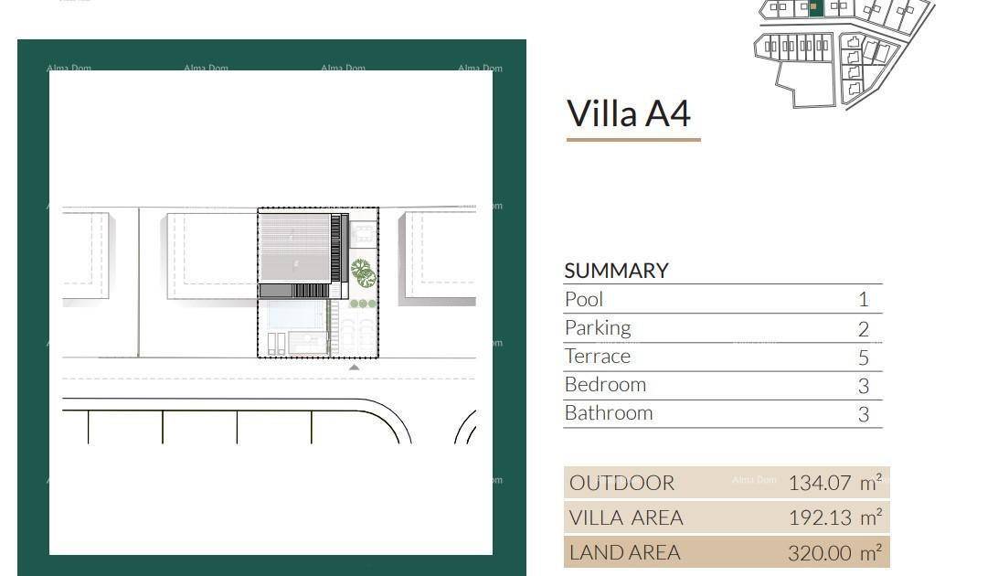 Übersichtsplan der Villa A4 mit Angaben zu Pool, Parkplatz, Terrasse und Zimmeranzahl.