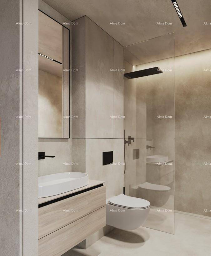 Modernes Badezimmer mit begehbarer Dusche, wandhängendem WC und elegantem Waschtisch.