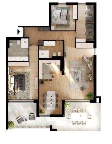 Detaillierter Grundriss einer Wohnung mit zwei Schlafzimmern, offenem Wohnbereich und großer Terrasse.