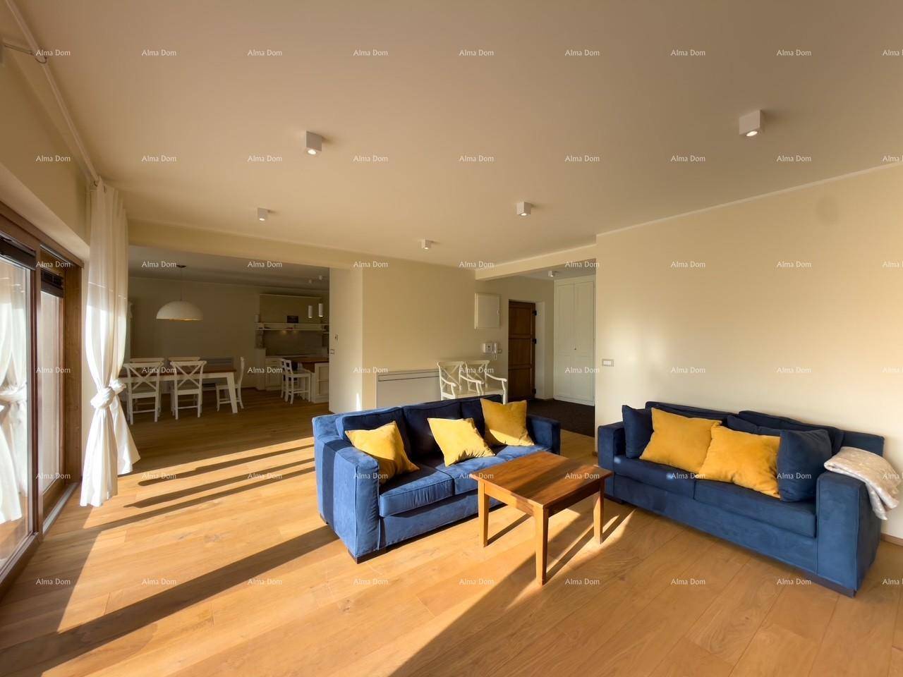 Offener Wohn- und Essbereich mit Holzboden, blauen Sofas und Blick auf den Essbereich und die Küche.