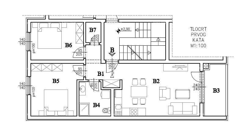 Grundriss einer Wohnung mit zwei Schlafzimmern, offenem Wohnbereich und Loggia.