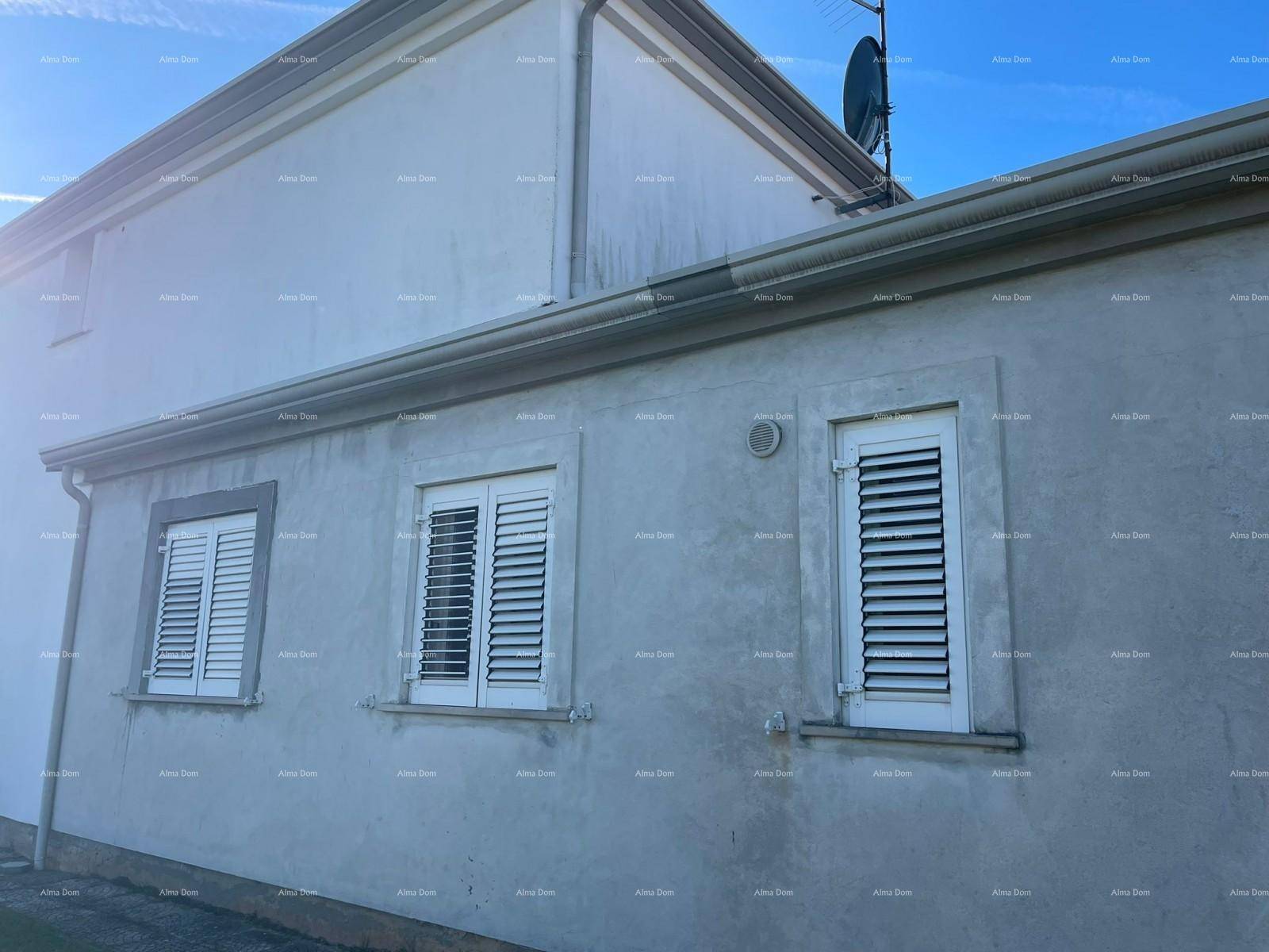 Seitenansicht der Hausfassade mit mehreren Fenstern, die mit weißen Fensterläden ausgestattet sind.
