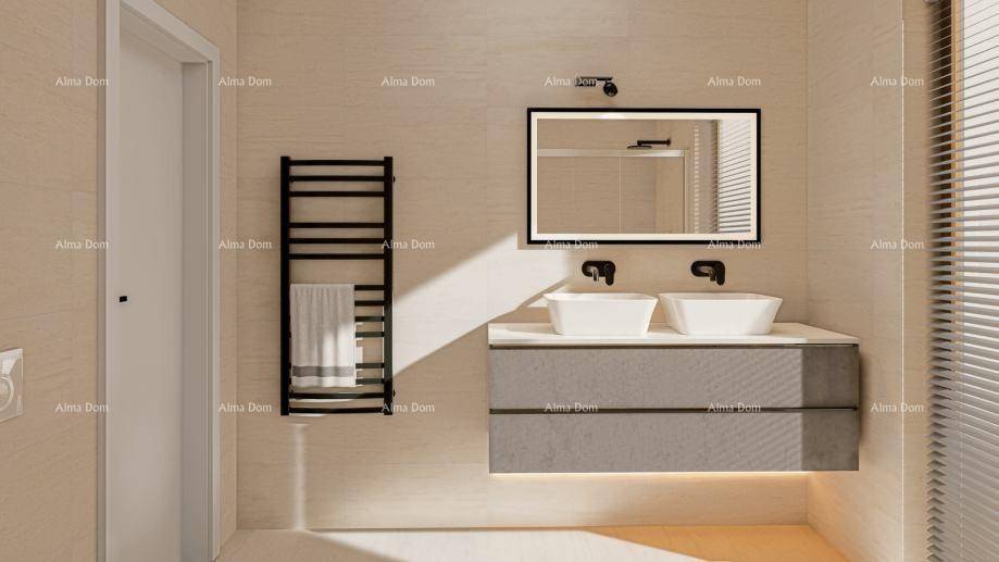 Modernes Badezimmer mit Doppelwaschbecken, beheiztem Handtuchhalter und großem Spiegel.
