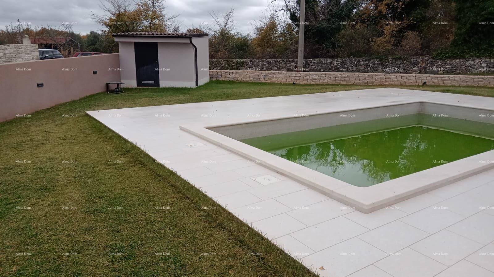 Gartenbereich mit rechteckigem Pool und angrenzendem Gartenhaus.