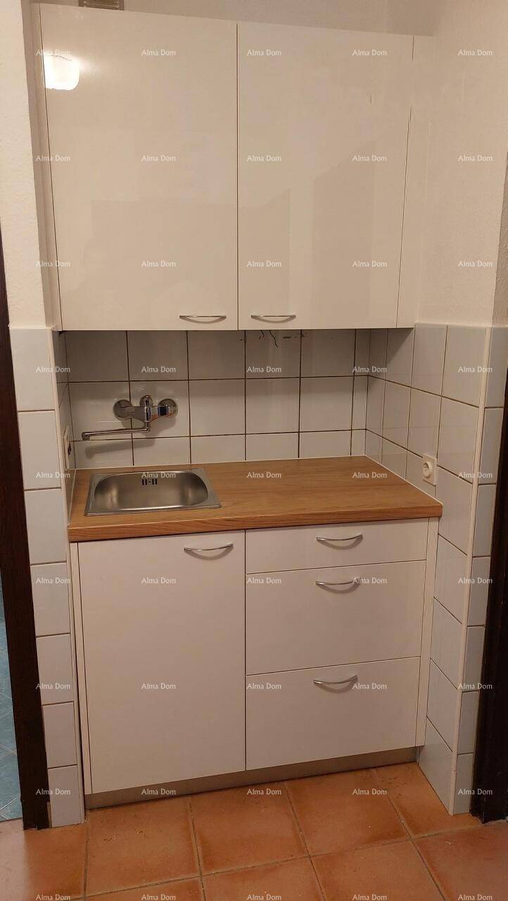 Kleine Küchenzeile mit Spüle, Holz-Arbeitsplatte und weißen Hängeschränken.