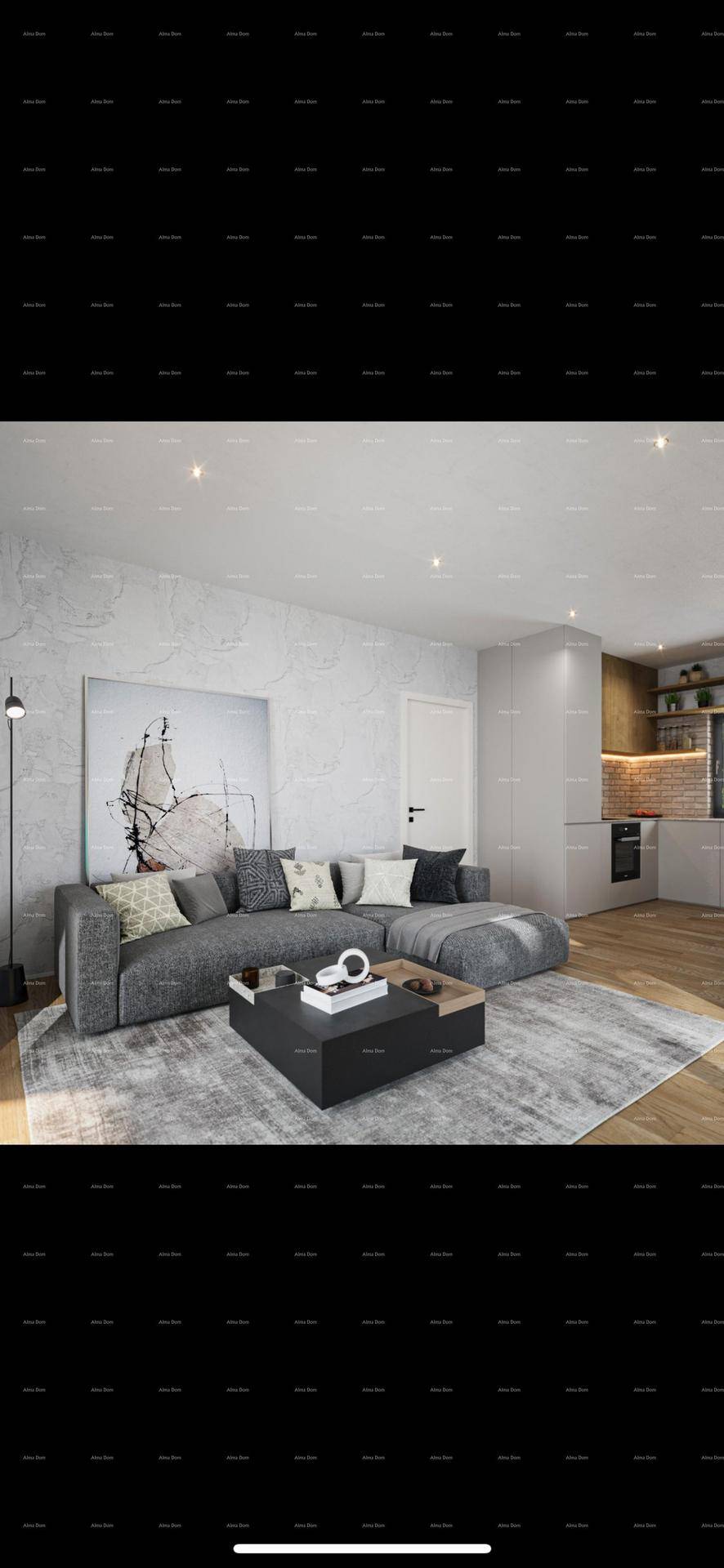 Offener Wohnbereich mit grauem Ecksofa, Couchtisch und angrenzender moderner Küche.