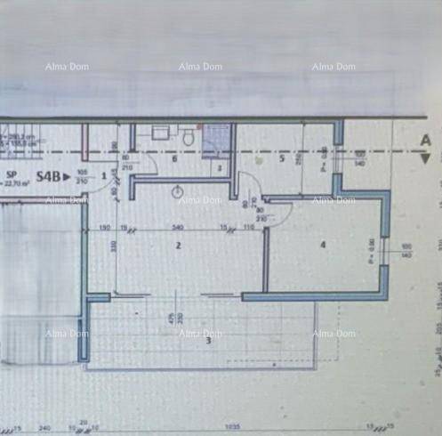 Grundriss der Wohnung S4B mit Aufteilung in Wohnbereich, Schlafzimmer und Badezimmer.