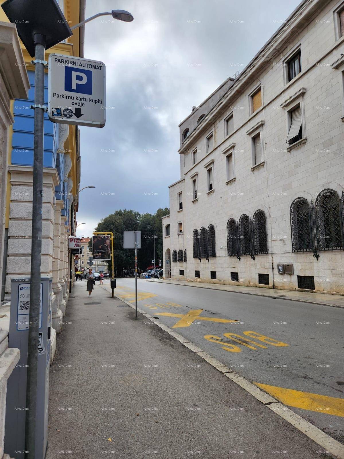 Stadtstraße mit Parkschild, historischen Gebäuden und einer markierten Busspur unter bewölktem Himmel.