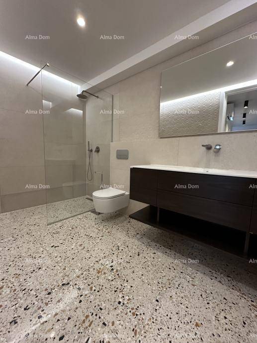 Modernes Badezimmer mit begehbarer Dusche, Hänge-WC und Doppelwaschbecken.