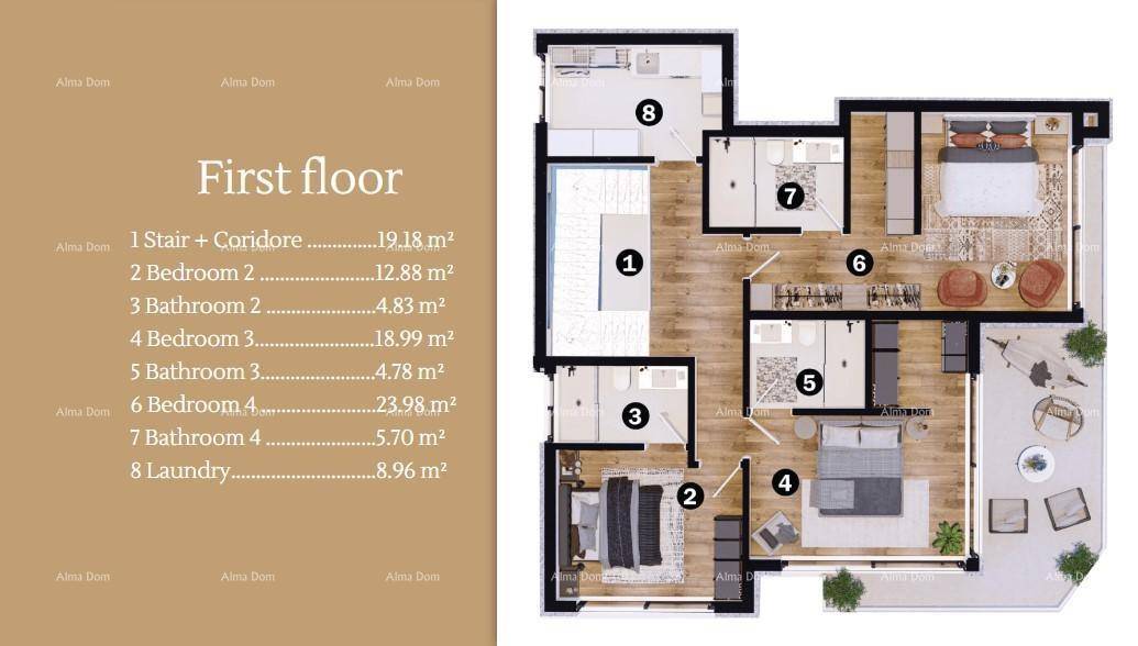 Grundriss der ersten Etage mit mehreren Schlafzimmern und Bädern.