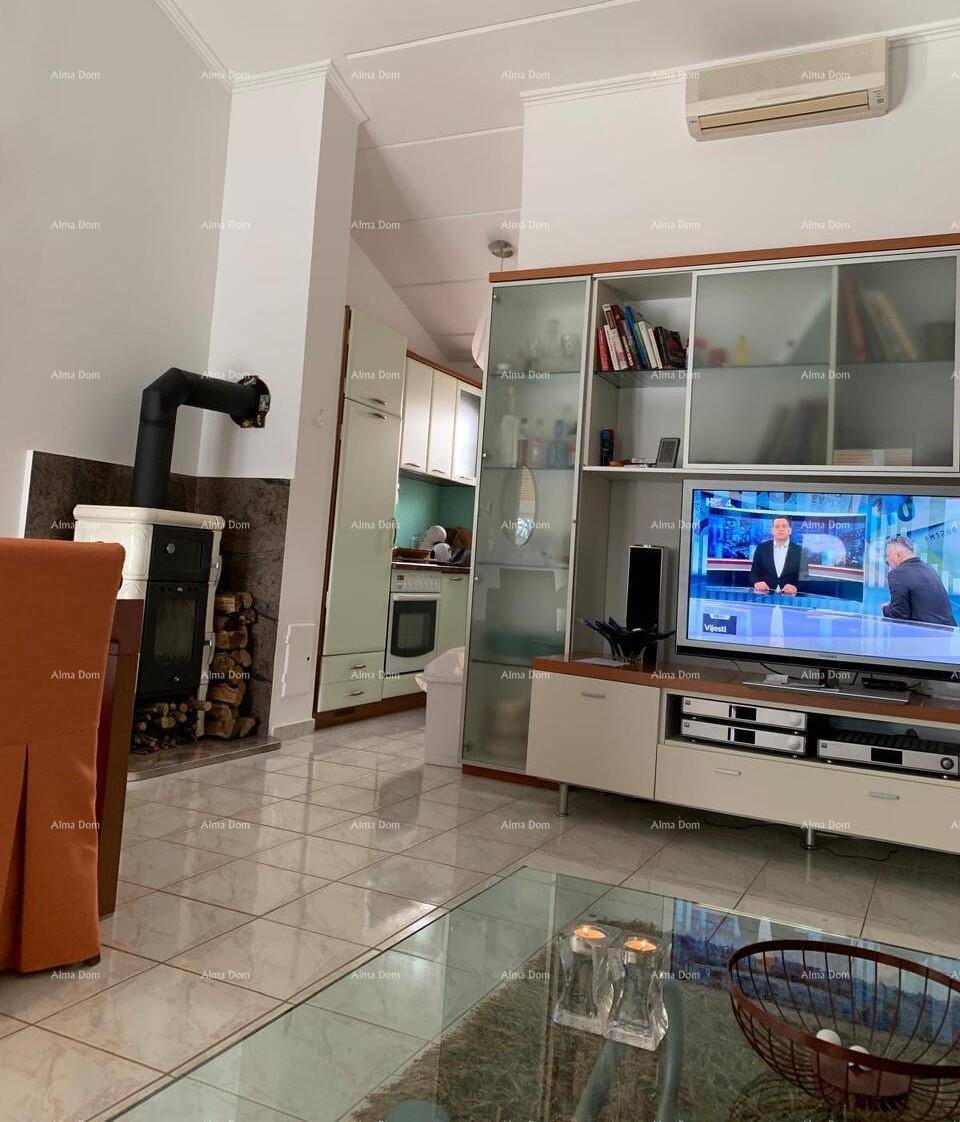 Wohnbereich mit Fernseher und Kaminofen, angrenzend an eine offene Küche, ideal für gesellige Abende.