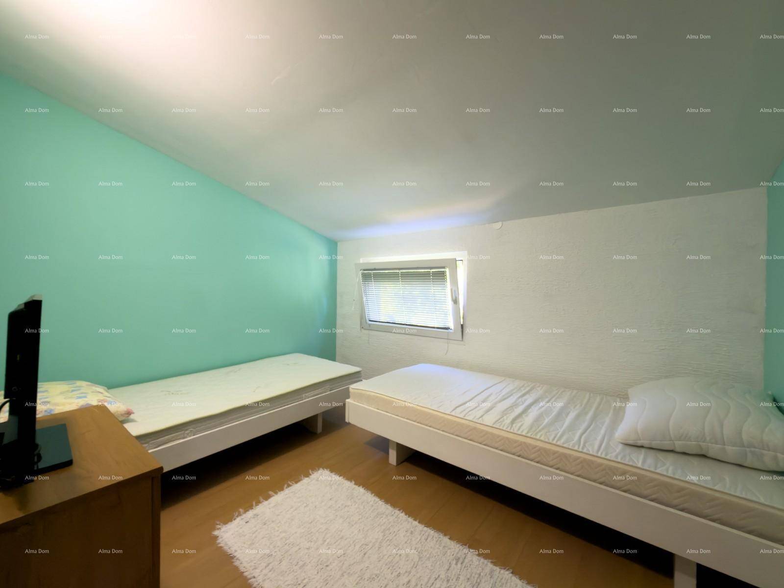 Schlafzimmer mit zwei Einzelbetten, grüner Akzentwand und Fenster unter Dachschräge.