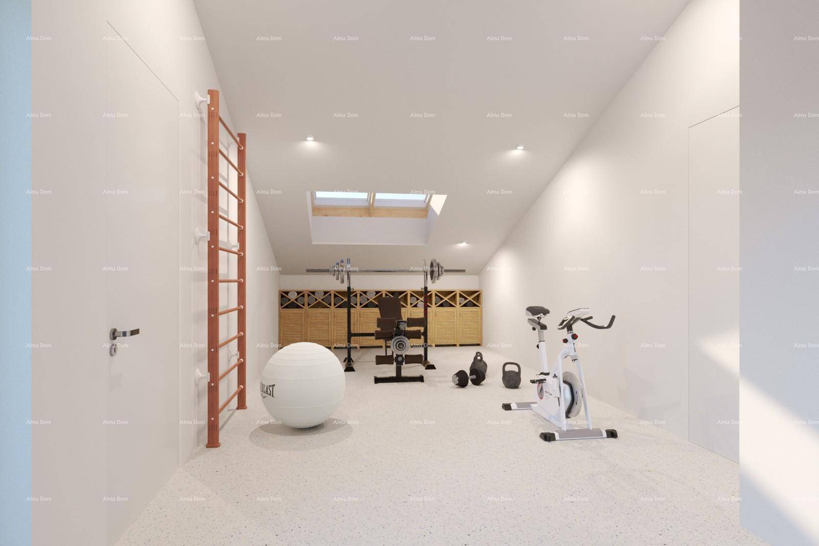 Geräumiger Fitnessraum im Dachgeschoss mit Trainingsgeräten und Oberlichtfenster.