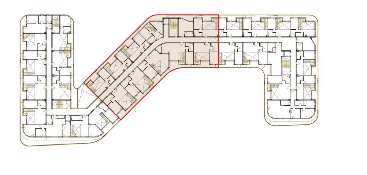 Gesamtgrundriss eines großen Gebäudekomplexes mit zahlreichen Wohneinheiten und unterschiedlichen Layouts.