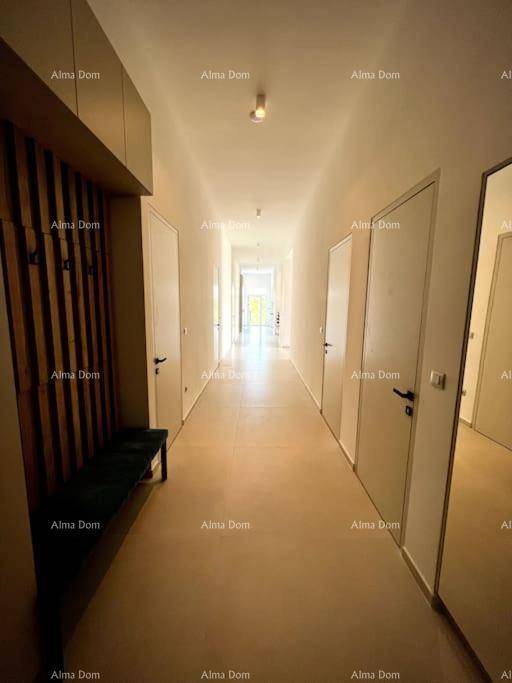 Langer, heller Flur mit Garderobe und mehreren Türen, der zu den Zimmern führt.