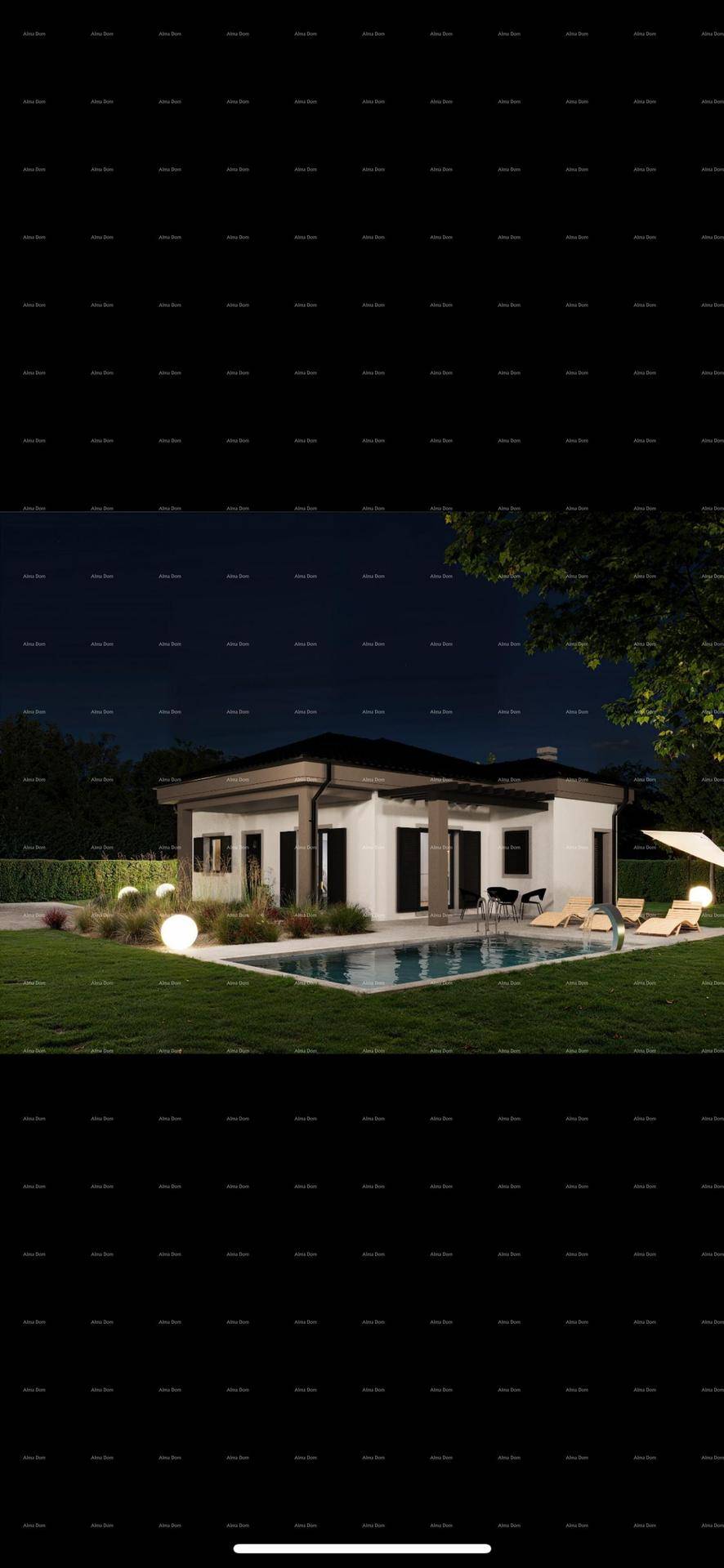 Abendliche Visualisierung eines modernen Hauses mit beleuchtetem Pool und Gartenbereich.