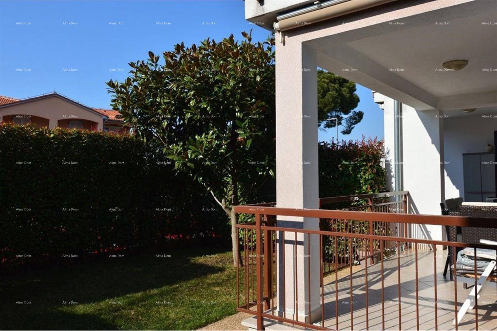 Überdachte Terrasse mit Zugang zum Garten und grüner Umgebung.