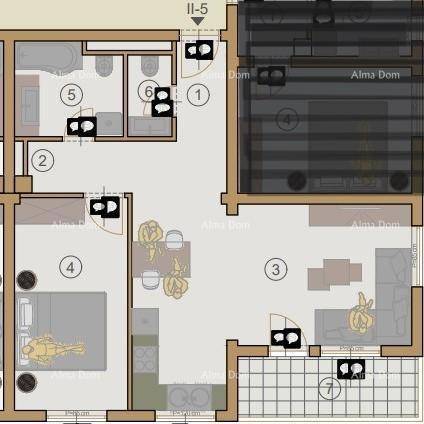 Grundriss einer Wohnung mit offenem Wohn-Essbereich, Schlafzimmer und Terrasse.