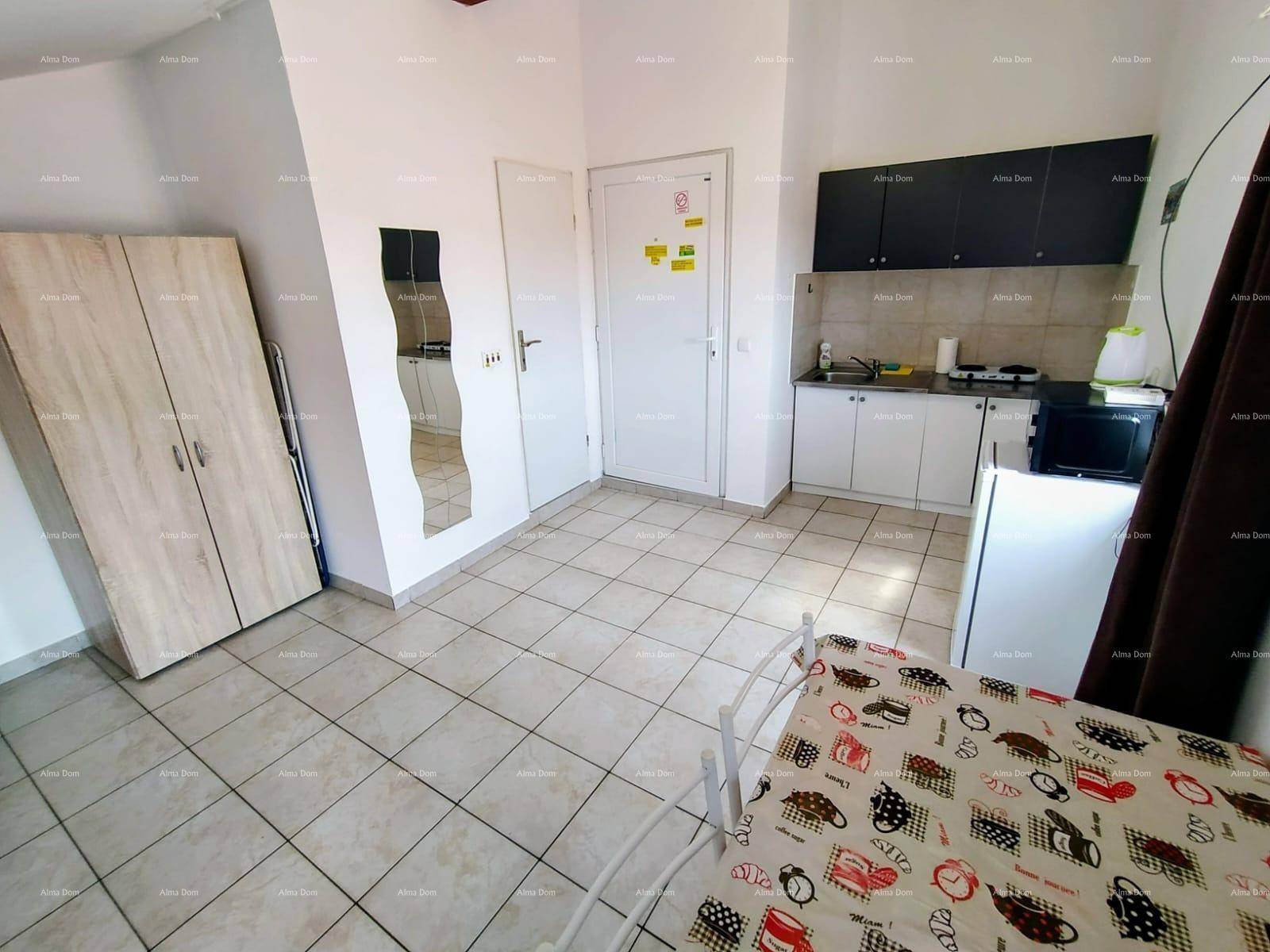 Kombinierter Wohn- und Schlafbereich mit Bett, Kleiderschrank und integrierter Küchenzeile.