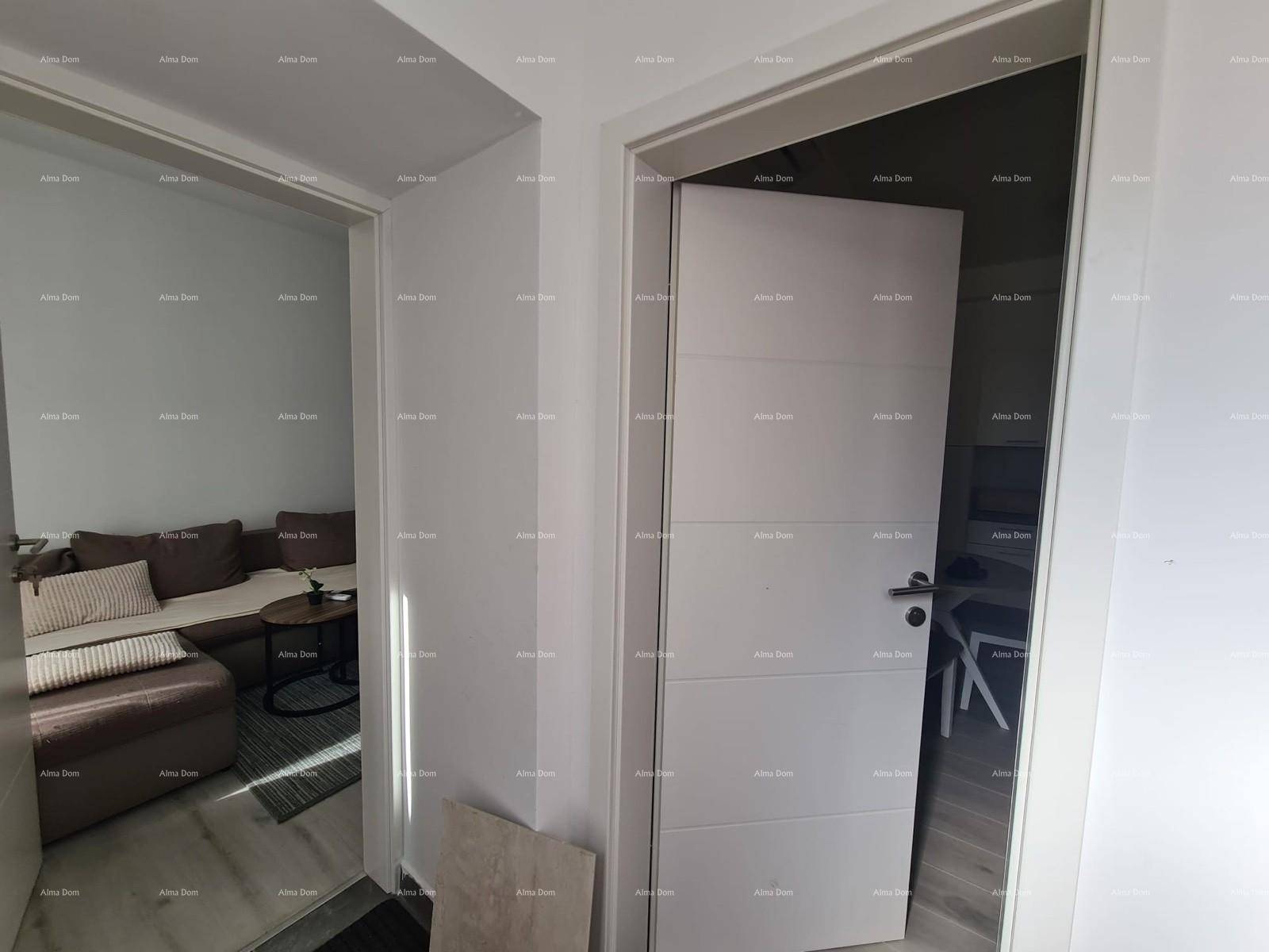 Heller Flurbereich mit zwei modernen Türen, eine davon führt ins Wohnzimmer.