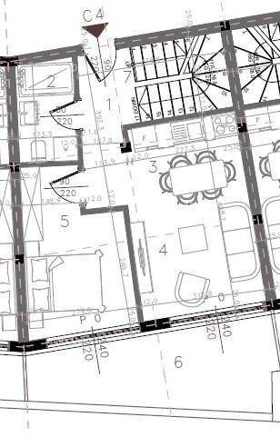 Detaillierter Grundriss einer Wohnung mit offenem Wohnbereich, Küche und Schlafzimmer.