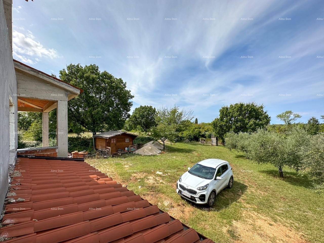 Panoramablick über das Grundstück mit einem Auto, einem Schuppen und Bäumen.