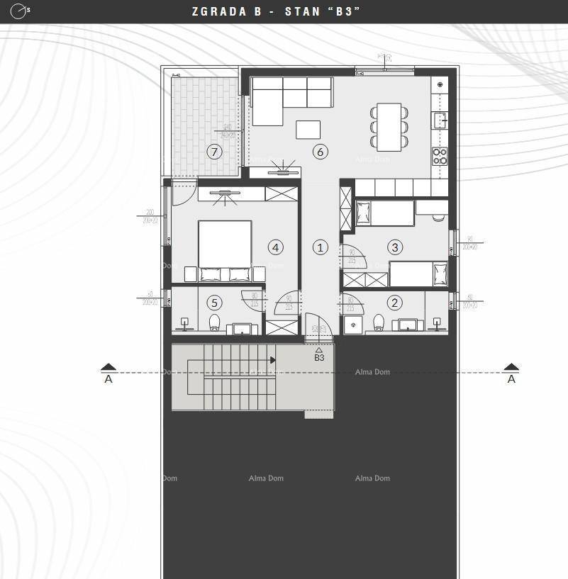 Grundriss der Wohnung B3 mit offenem Wohnbereich, zwei Schlafzimmern und einer Terrasse.