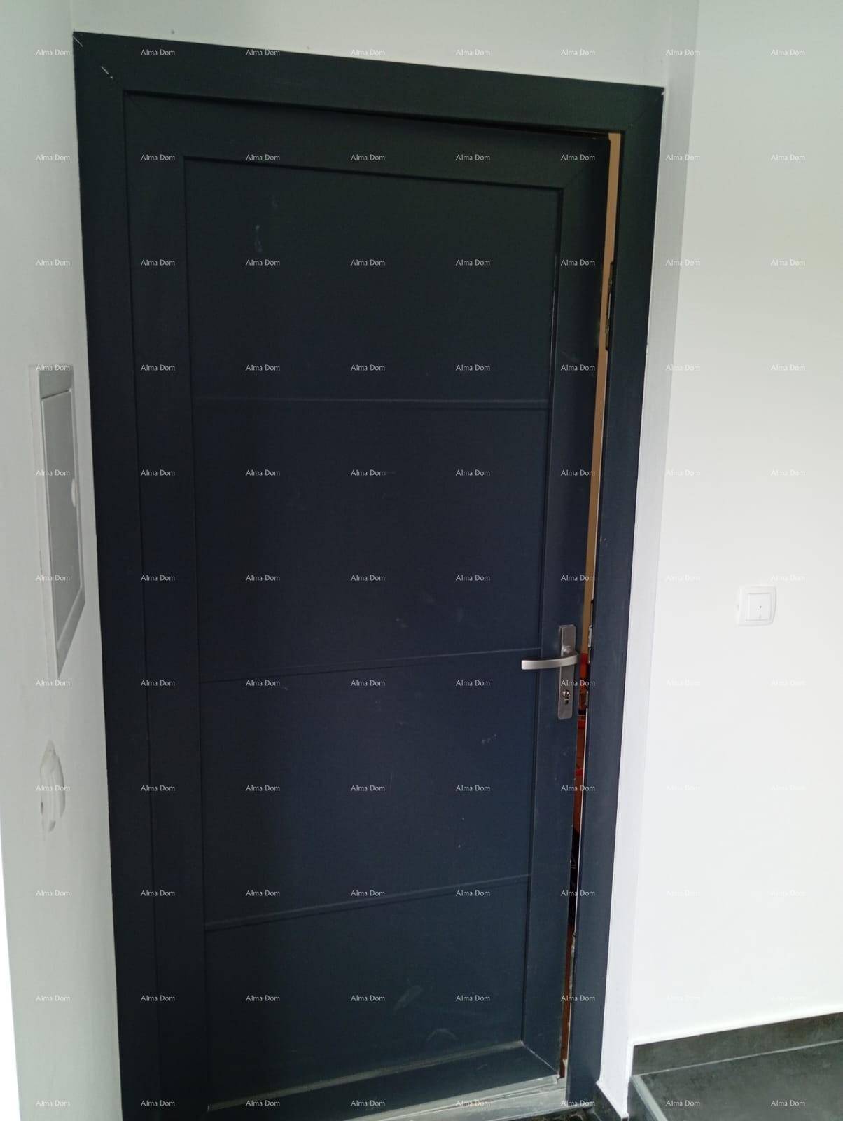 Dunkelgraue Innentür mit silbernem Griff in einem hellen Raum mit weißer Wand.