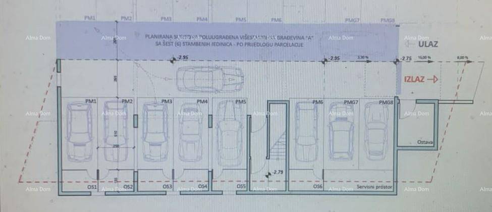 Grundriss der Tiefgarage mit mehreren Stellplätzen und Ein-/Ausfahrt.