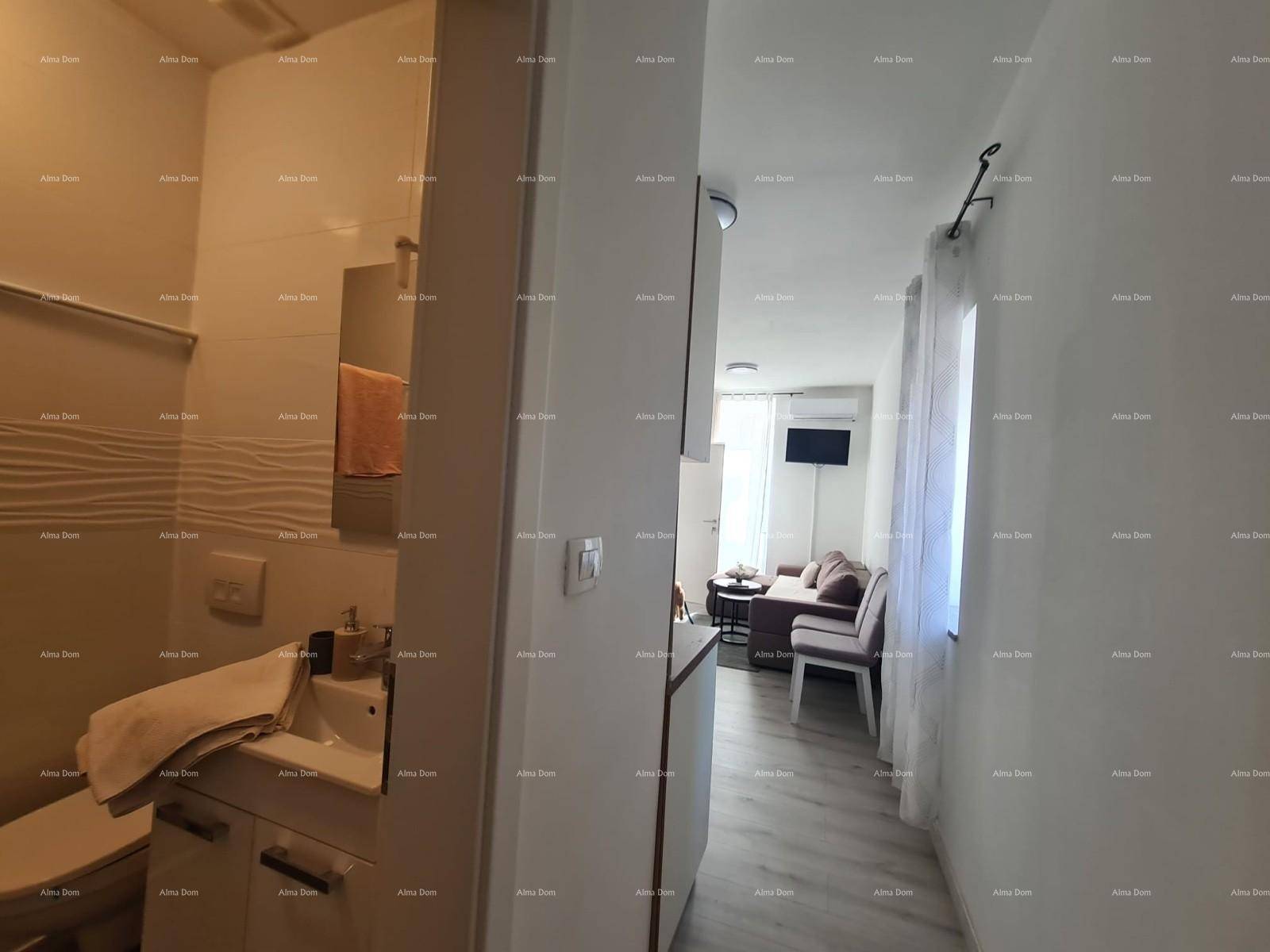 Blick vom Flur in ein Badezimmer und einen dahinterliegenden Wohnbereich.