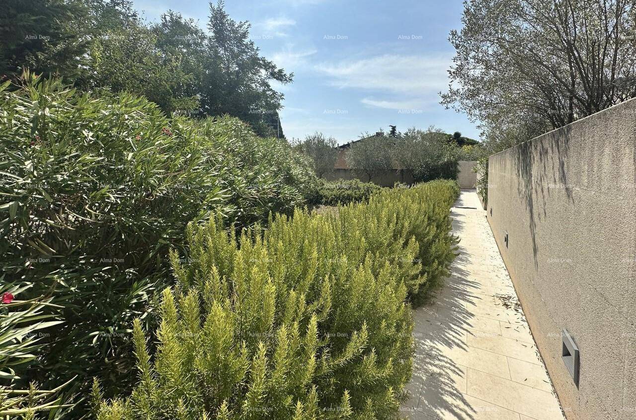Gepflegter Gartenweg umgeben von üppigen Hecken und mediterraner Vegetation.