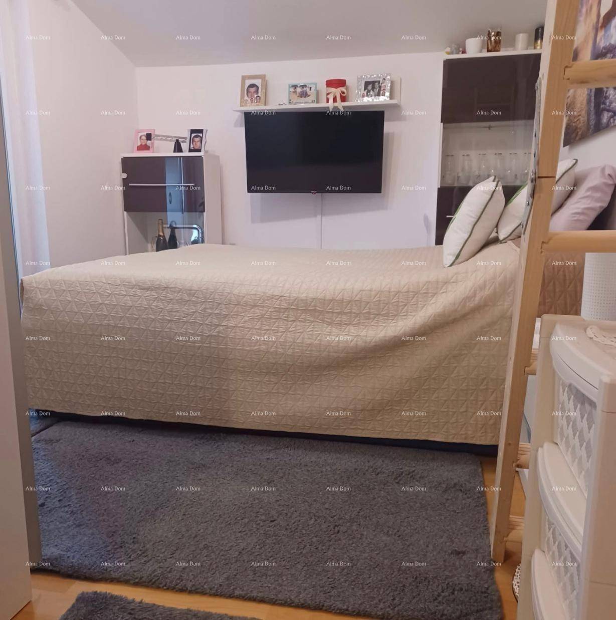 Schlafzimmer mit Doppelbett, Wandfernseher und einem Teppich auf dem Holzboden.