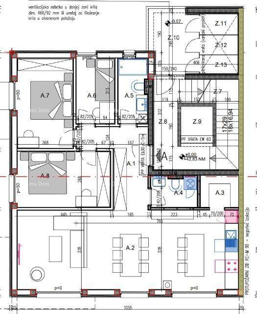Detaillierter Grundriss einer Wohnung mit offener Wohnküche, mehreren Schlafzimmern und Bädern.