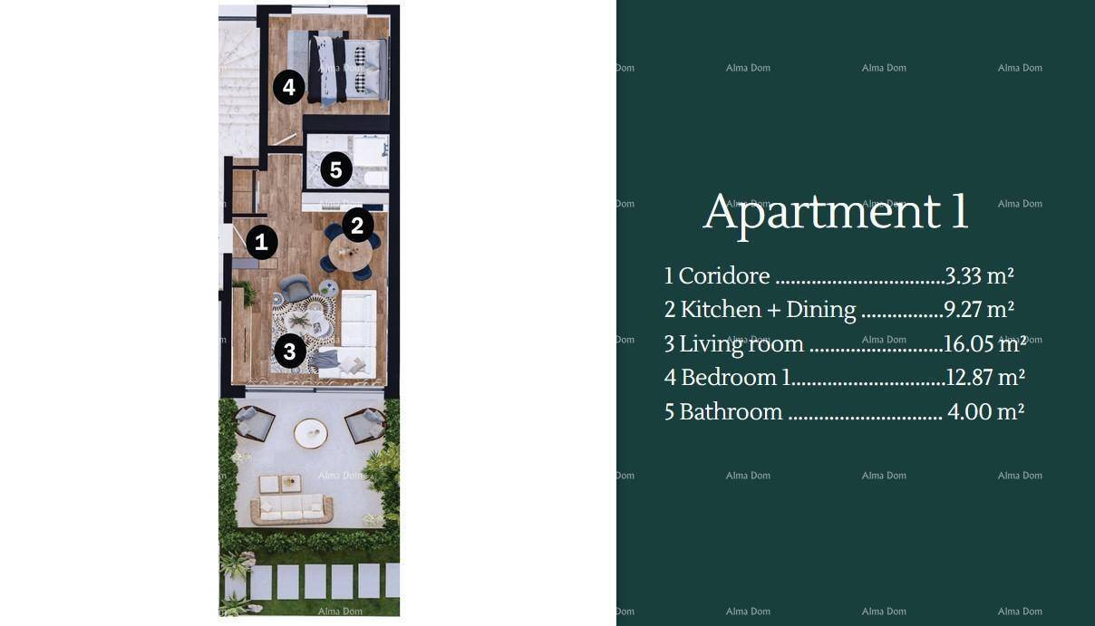 Grundriss einer Wohnung mit Wohnzimmer, Küche, Essbereich, Schlafzimmer und Bad.