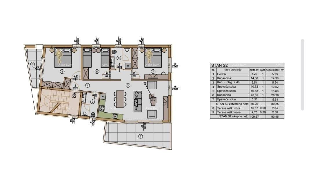 Grundrissplan einer Wohnung mit mehreren Schlafzimmern, zwei Bädern und offenem Wohnbereich mit Balkon und Terrasse.