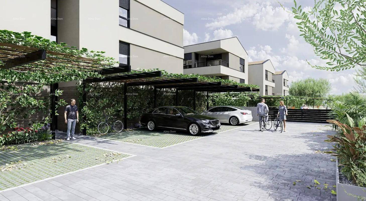 Überdachte Parkplätze mit begrünten Pergolen und modernen Wohngebäuden.