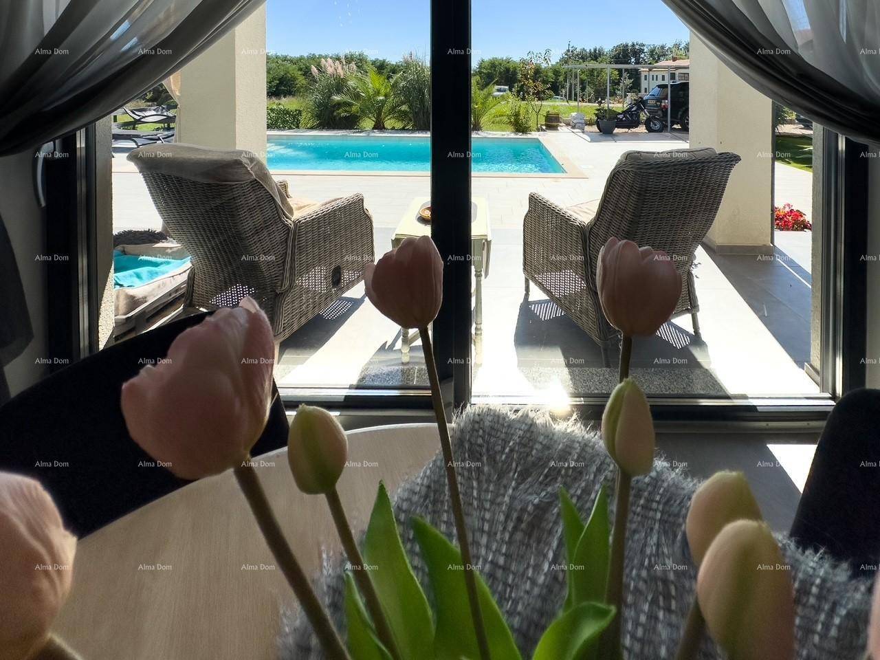 Blick vom Innenbereich auf den Pool und die Terrasse mit bequemen Korbsesseln.