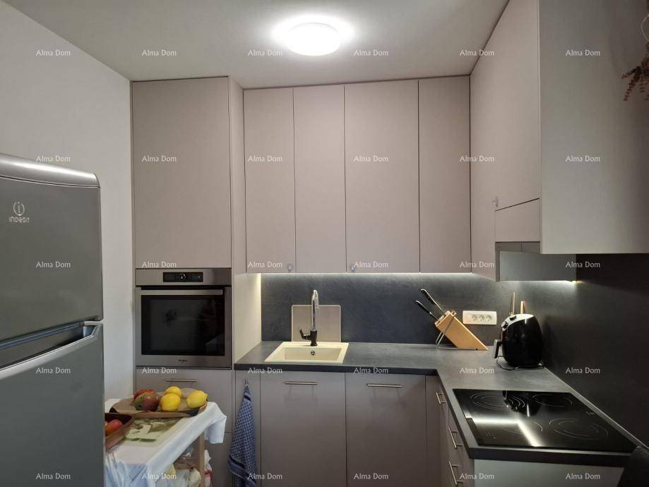 Moderne Küche mit grauen Schränken, integriertem Backofen und Induktionskochfeld.