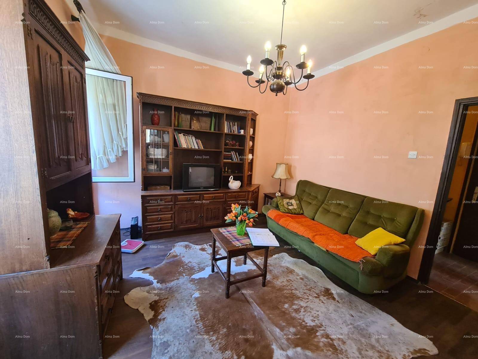 Wohnzimmer mit traditionellen Holzmöbeln, einem Kuhfellteppich und einem grünen Sofa.