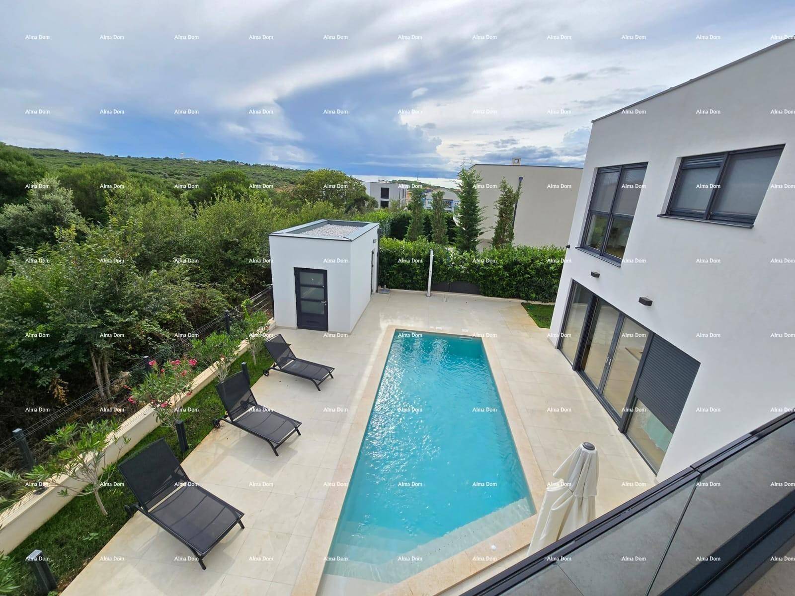 Privater Poolbereich mit Liegestühlen, umgeben von Grün und einem kleinen Gartenhaus.
