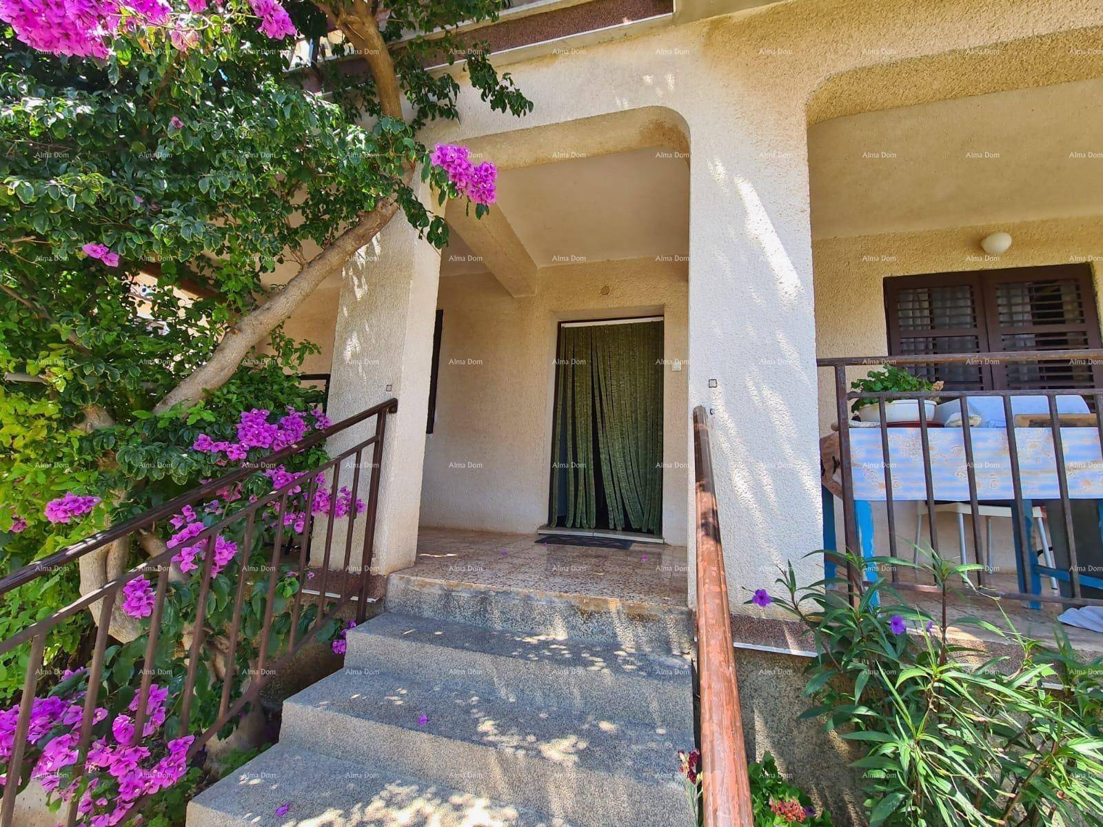 Eingangsbereich mit Treppe und blühender Bougainvillea, die den Eingang schmückt.