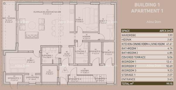 Grundriss einer Wohnung mit drei Schlafzimmern, zwei Bädern und einer überdachten Terrasse.