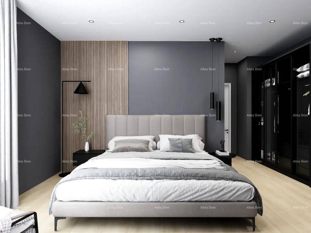 Modernes Schlafzimmer mit großem Bett, dunklen Wänden und stilvoller Holzvertäfelung.
