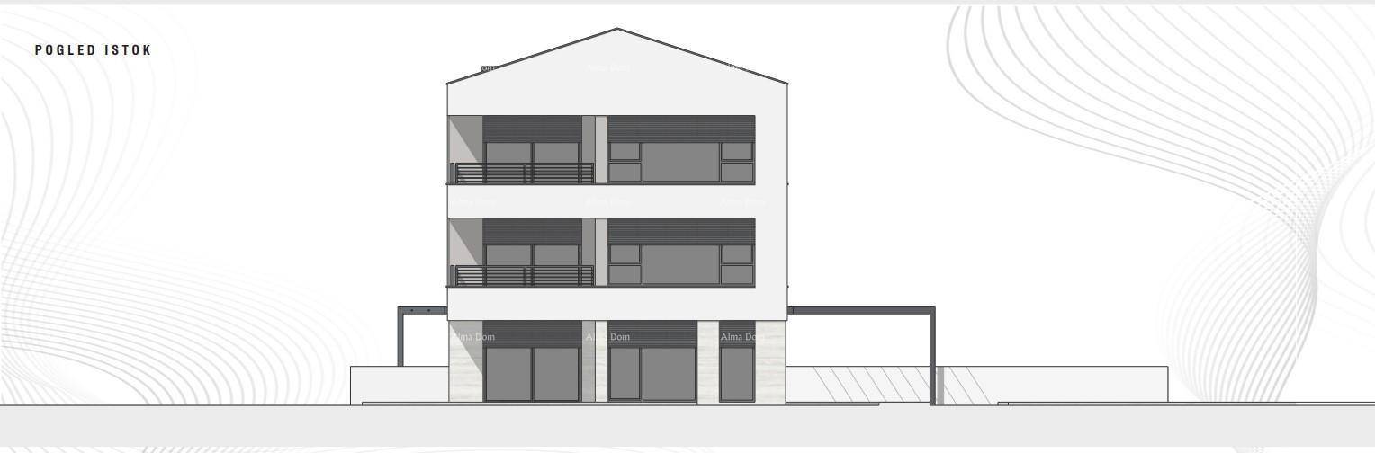Architektonische Ansicht der Ostfassade eines modernen Wohngebäudes mit Satteldach.