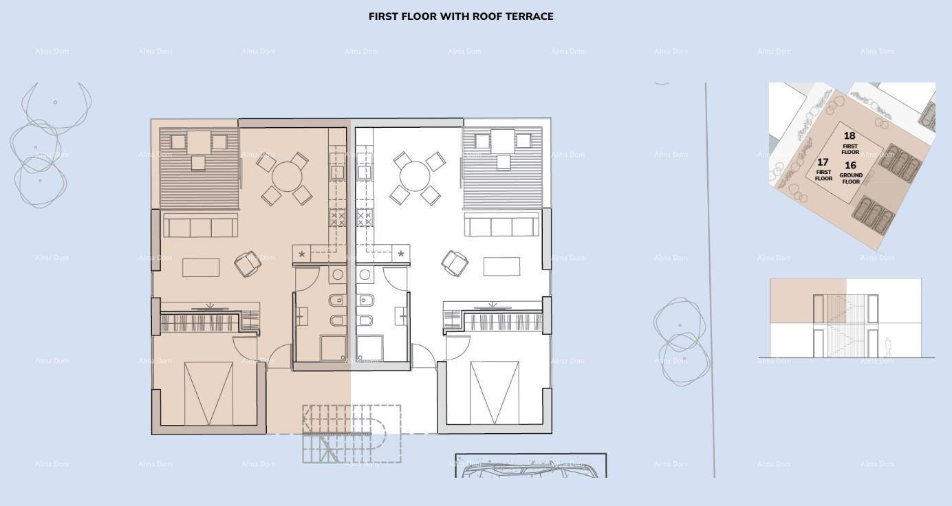 Detaillierter Grundriss des ersten Stocks mit Dachterrasse und Umgebung.