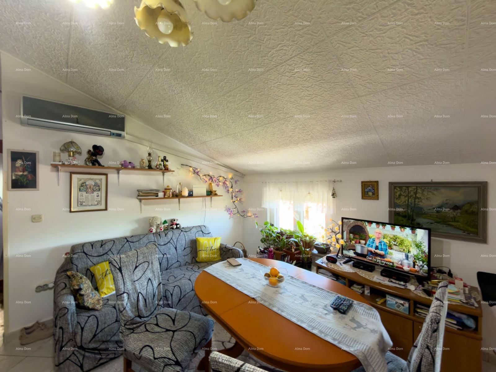 Gemütlicher Wohn-Essbereich mit Sofa, ovalem Esstisch, Fernseher und Klimaanlage unter einer strukturierten Decke.