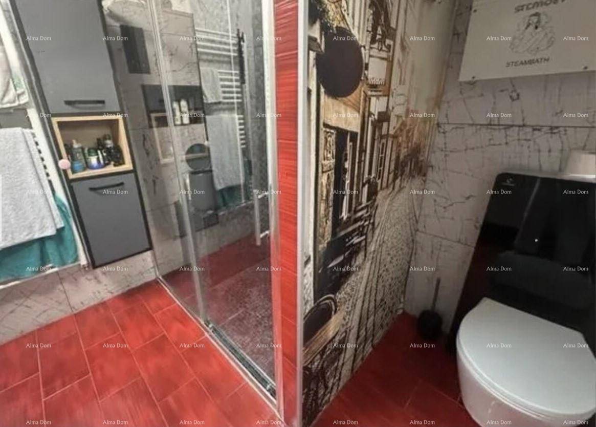 Badezimmer mit Duschkabine, Toilette und auffälliger Wandgestaltung, roter Fliesenboden.